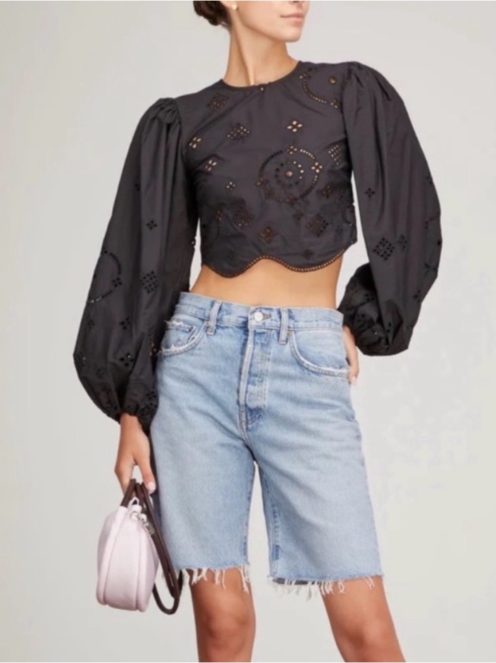 Ganni | Cropped Broderie Anglaise Eyelet Puff-Sleeve Blouse in Black